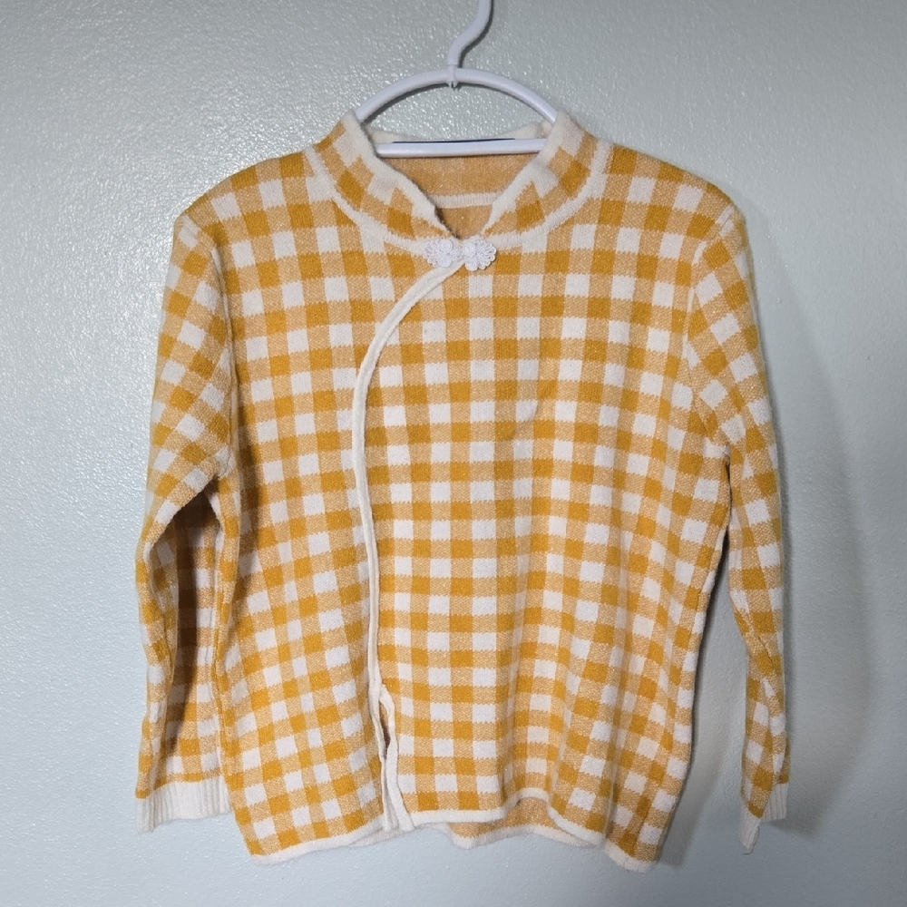Vintage 60s Yellow Gingham Mandarin Collar Sweater - Picture 1 of 8